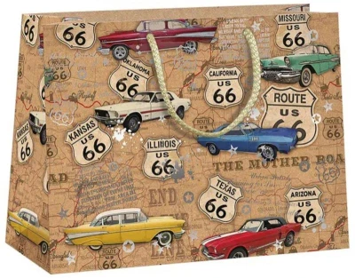 Argus Taška dárková Route 66 auta 24x18cm papírová natur Eco Friendly