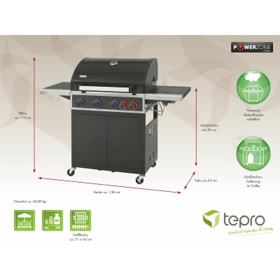 Tepro Keansburg 4 černý plynový gril se čtyřmi hořáky, 18 kW