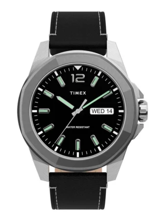 Timex Boutique 44 mm černé pánské analogové hodinky s datumovkou a koženým řemínkem