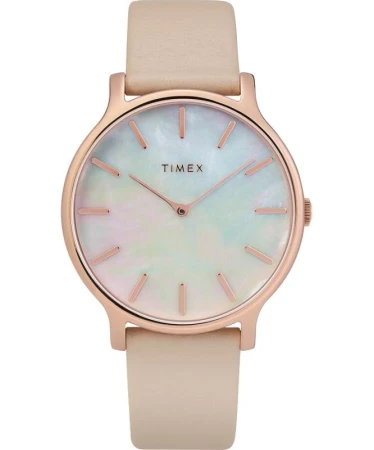 Timex Metropolitan Transcend růžové zlato 38 mm s béžovým koženým řemínkem dámské analogové hodinky