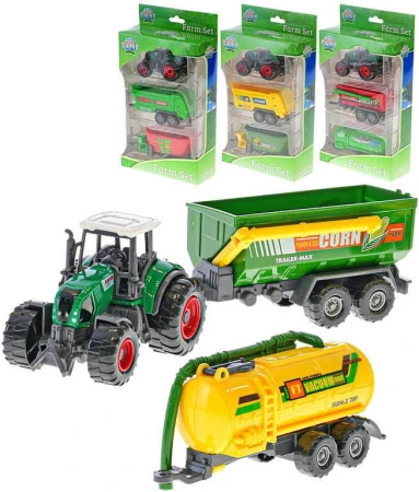 Traktor 9cm set se 2 vlečkami 4 druhy plast v krabici