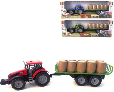 Traktor farmářský na setrvačník s přívěsem s balíky sena 3 barvy plast