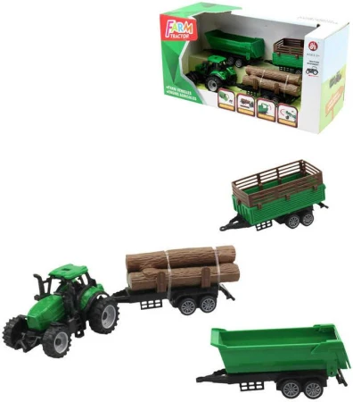 Traktor zelený se 3 přívěsy a kládami dřeva herní set v krabici plast Traktor zelený se 3 přívěsy a kládami dřeva herní set v krabici plast