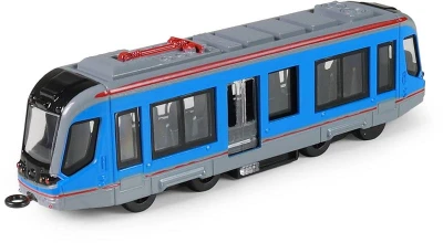 Tramvaj modrá kovová MHD Městská hromadná doprava zpětný chod