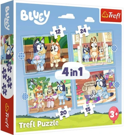 Trefl PUZZLE 4v1 Bluey a jeho svet 29x21cm skladačka 71 dielikov Trefl PUZZLE 4v1 Bluey a jeho svet 29x21cm skladačka 71 dielikov