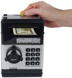 Trezor černý s odemykáním na kód set s penězi na baterie Světlo Zvuk