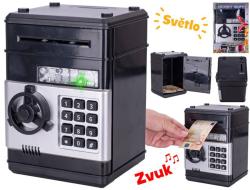 Trezor černý s odemykáním na kód set s penězi na baterie Světlo Zvuk