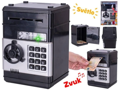 Trezor černý s odemykáním na kód set s penězi na baterie Světlo Zvuk
