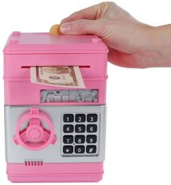 Trezor růžový s odemykáním na kód set s penězi na baterie Světlo Zvuk
