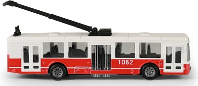 Trolejbus červený na setrvačník MHD městská hromadná doprava otevírací dveře