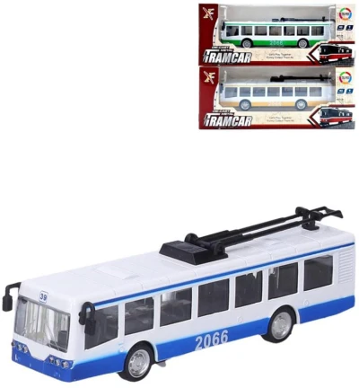 Trolejbus kovový s efekty 16cm na baterie zpětný chod Světlo Zvuk
