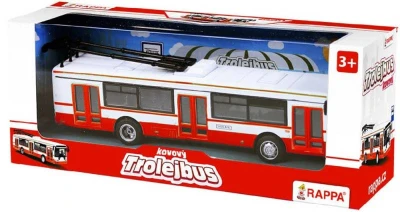Trolejbus MHD 16cm červeno-bílý kovový na zpětný chod v krabici