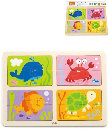 Viga DŘEVO Puzzle na desce 4v1 mořská zvířátka baby skládačka 16 dílků Viga DŘEVO Puzzle na desce 4v1 mořská zvířátka baby skládačka 16 dílků