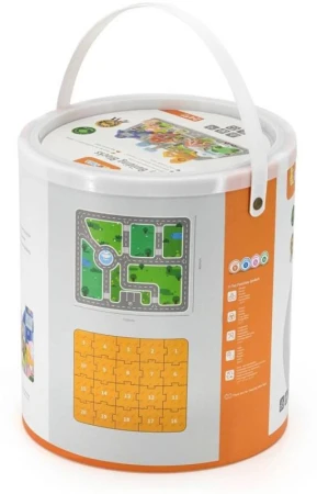 Viga DŘEVO Stavebnice baby město herní set na puzzle podložce s doplňky v kyblíku