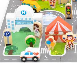 Viga DŘEVO Stavebnice baby město herní set na puzzle podložce s doplňky v kyblíku