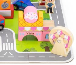 Viga DŘEVO Stavebnice baby město herní set na puzzle podložce s doplňky v kyblíku