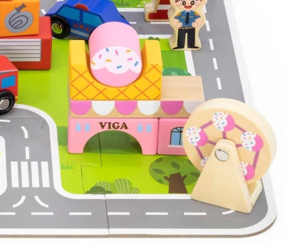 Viga DŘEVO Stavebnice baby město herní set na puzzle podložce s doplňky v kyblíku