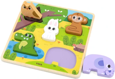 Viga DŘEVO Vkládačka Divoká zvířátka puzzle vkládací na desce 5 dílků