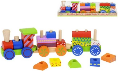Vláčik baby 33cm mašinka + 2 vozíky navliekačky s kockami pre bábätko