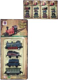 Vlak kovový mini historický set mašinka + 3 vagónky zpětný nátah 4 druhy na kartě Vlak kovový mini historický set mašinka + 3 vagónky zpětný nátah 4 druhy na kartě
