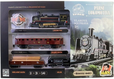 Vlaková souprava historická retro parní lokomotiva + 3 vagony na baterie Světlo