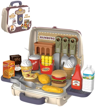 Výroba hamburgeru kuchyňský herní set makety potravin s nástroji v kufříku