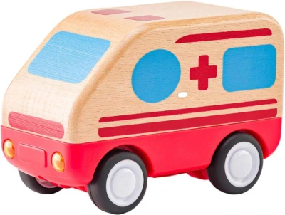 Woody DŘEVO Auto baby sanitka na setrvačník na baterie Světlo Zvuk Woody DŘEVO Auto baby sanitka na setrvačník na baterie Světlo Zvuk