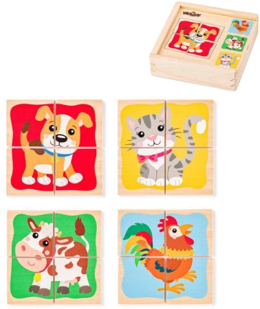 Woody DŘEVO Baby minipuzzle Domácí zvířátka 4x4 dílky v krabičce 4v1