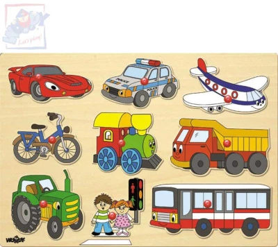 Woody DŘEVO Baby puzzle vkládací Dopravní prostředky na desce 9 dílků