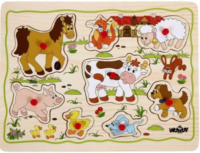Woody DŘEVO Baby puzzle vkládací na desce s úchyty 8 dílků různé druhy