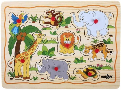 Woody DŘEVO Baby puzzle vkládací na desce s úchyty 8 dílků různé druhy