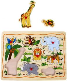 Woody DŘEVO Baby puzzle vkládací na desce s úchyty 8 dílků různé druhy