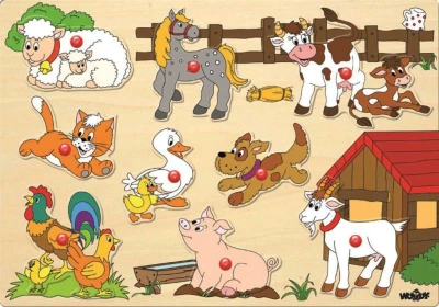 Woody DŘEVO Baby puzzle vkládací zvířata 9 dílků s úchyty na desce