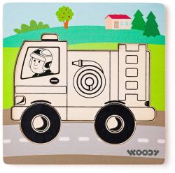 Woody DŘEVO Baby vkládací puzzle auto hasiči skládačka 5 dílků na desce