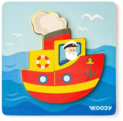 Woody DŘEVO Baby vkládací puzzle loďka skládačka 5 dílků na desce Woody DŘEVO Baby vkládací puzzle loďka skládačka 5 dílků na desce