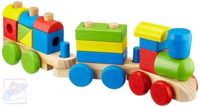 Woody DŘEVO Baby vláček navlékací tvary 18ks mašinka + 2 vagonky