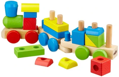 Woody DŘEVO Baby vláček navlékací tvary 18ks mašinka + 2 vagonky