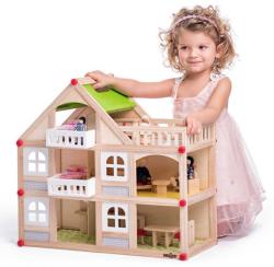 Woody DŘEVO Domeček s balkónem set se 4 panenkami a doplňky 2 patra