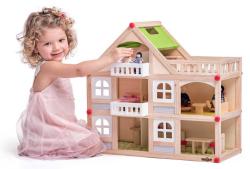 Woody DŘEVO Domeček s balkónem set se 4 panenkami a doplňky 2 patra