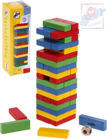 Woody DŘEVO Hra barevná věž Tower Tony s kostkou (dřevěná hračka)