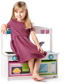 WOODY DŘEVO Kuchyňka úložná lavice s opěrátkem 2v1 (dřevěná hračka)