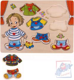 Woody DŘEVO Oblékání na desce puzzle Sebastian dřevěná vkládačka