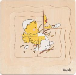 Woody DŘEVO Puzzle naučné vývoj slepice 4 vrstvy 4 obrázky 4v1 na desce