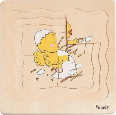Woody DREVO Puzzle naučné vývoj sliepka 4 vrstvy 4 obrázky 4v1 na doske
