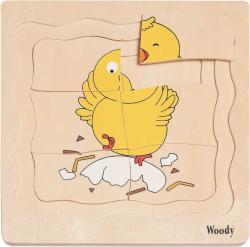 Woody DŘEVO Puzzle naučné vývoj slepice 4 vrstvy 4 obrázky 4v1 na desce