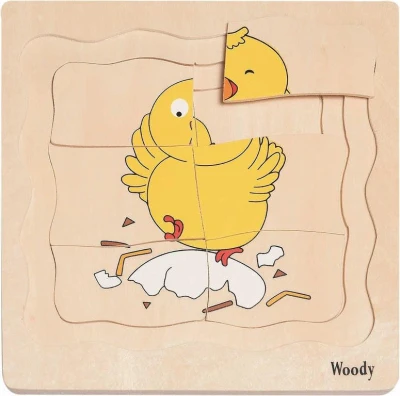 Woody DREVO Puzzle naučné vývoj sliepka 4 vrstvy 4 obrázky 4v1 na doske