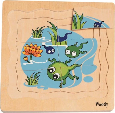 Woody DŘEVO Puzzle naučné vývoj žáby 4 vrstvy 4 obrázky 4v1 na desce