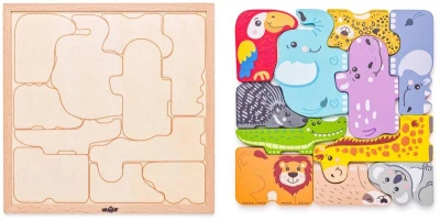 Woody DŘEVO Puzzle zvířátka 11 dílků na desce (dřevěná hračka)