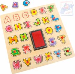 Woody DŘEVO Razítka puzzle vkládací s úchyty 2v1 abeceda set 26ks s poduškou