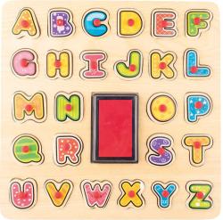 Woody DŘEVO Razítka puzzle vkládací s úchyty 2v1 abeceda set 26ks s poduškou